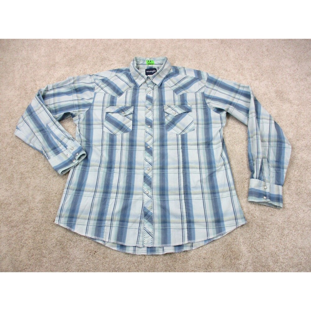 Wrangler Shirt Mens Extra Large XL Blue Yellow Plaid Western Cowboy Pearl Snap